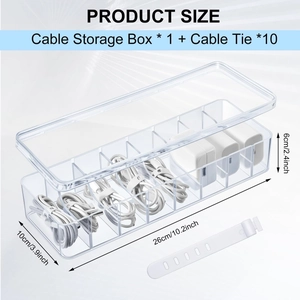 Transparent cable organizer box with 7 compartments and adjustable ties for desk storage