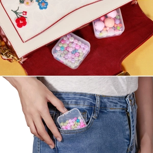 Mini transparent PP storage box shown fitting perfectly inside a jeans pocket for travel