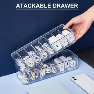 Stackable transparent 8-compartment cable organizer drawer for desk cord management
