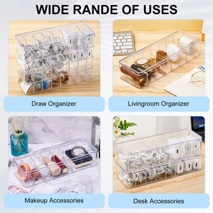 Detailed four-grid scene showing 8-compartment clear organizer for cables and accessories