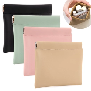 Portable PU leather cosmetic bags with automatic squeeze closure in four colors