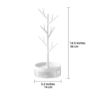 White tree-shaped jewelry rack with rotatable base and dimensions of 36cm height