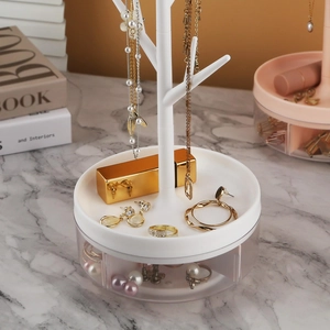 Rotating jewelry organizer tree with multi-layer storage for necklaces and earrings