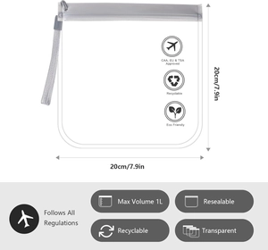 TSA approved 1L clear travel toiletry bag with zipper and lanyard, 20x20cm size