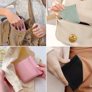 Mini PU leather cosmetic bag shown in various bags and pocket for portability