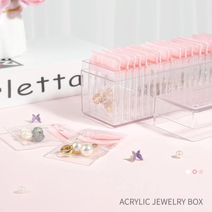 Pink acrylic jewelry organizer box with anti-oxidation PVC sealed bags for earrings