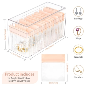 Pink acrylic jewelry organizer box with 15 EVA anti-oxidation storage bags for jewelry