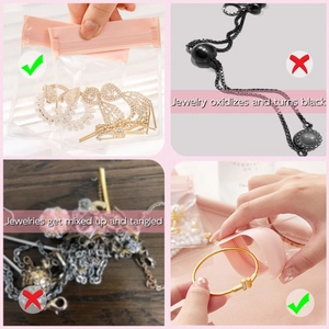 Close-up of clear jewelry storage bags showing anti-oxidation and anti-tangle benefits