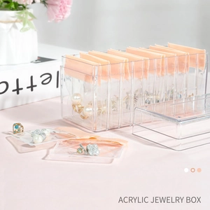 Pink 10-grid acrylic jewelry box with transparent anti-oxidation EVA sealing storage bags