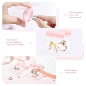 Detail of pink PVC jewelry pouches with waterproof seal and clear storage compartment