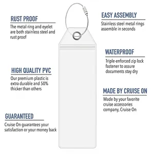 Vertical transparent PVC cruise luggage tag with heavy-duty waterproof seal and steel loop
