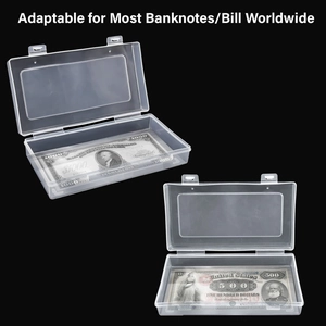 Clear plastic banknote storage box with flip-top lid and secure double buckles