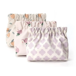 Portable Waterproof PU Leather Printed Storage Bag Floral Peach Mini Jewelry Pouch Cosmetic Case Travel Coin Purse For Women