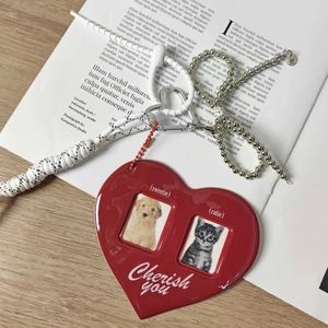 Porte-clés cadre photo coeur rouge avec lanière tressée et chaîne à billes