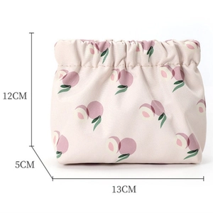 Detailed view of pink peach print pouch showing dimensions 13cm x 12cm x 5cm clearly