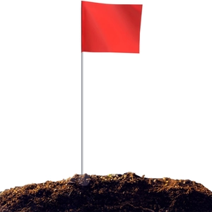 Red PVC marking flag with steel wire pole inserted in soil for surveying and irrigation