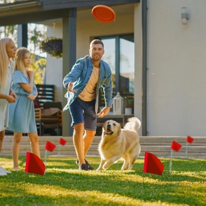 Outdoor training set with orange flying disc and red marking flags for dog training