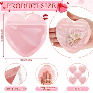 Set of 300 pink heart-shaped PVC self-sealing bags for jewelry storage and gift packaging