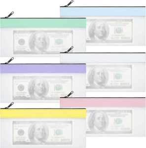 Detailed view of 6 colorful matte transparent zipper pouches for cash and storage
