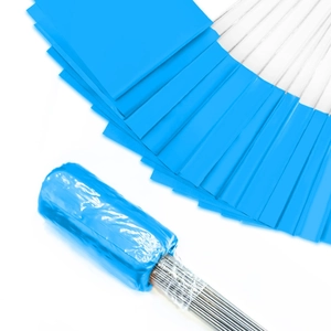 Detail of blue PVC marking flags showing bulk stacked flags and flags applied to steel wires