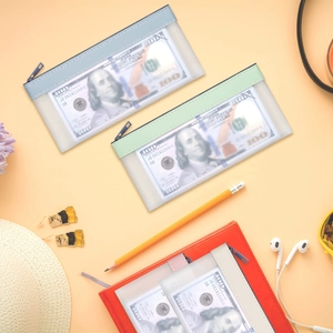 Detailed view of colorful frosted money bags with zippers for cash and receipt storage