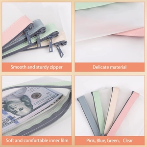 Detail of four-color matte transparent money bags with smooth zippers and sturdy slides