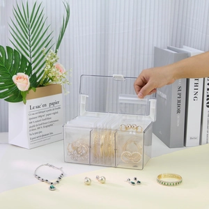 Three-grid acrylic jewelry organizer box with handle and clear anti-oxidation EVA pouches