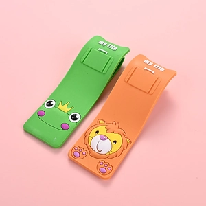 Cute cartoon PVC luggage tags featuring green frog and orange lion with my trip text