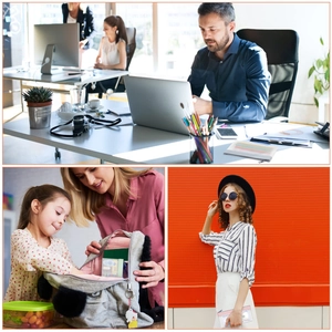 Multi-purpose mesh zipper storage pouch shown in office, home, and travel settings