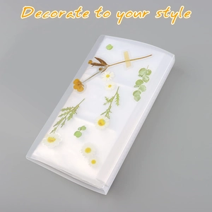 Frosted transparent PVC binder sleeve showing DIY floral storage and anti-oxidation slots