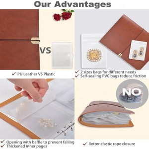 Brown PU leather jewelry organizer book with transparent PVC pouches and elastic closure