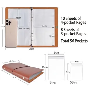 Brown leather travel jewelry organizer with 56 PVC storage bags and metal binder rings