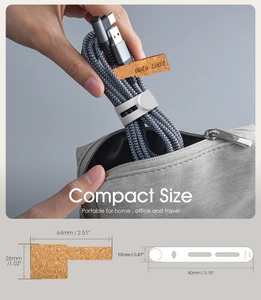 Detail of magnetic silicone cable ties and cork labels organized in a travel pouch