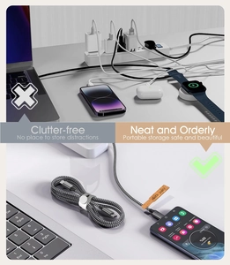 Comparison showing messy vs neat cable management with white magnetic silicone cord organizers