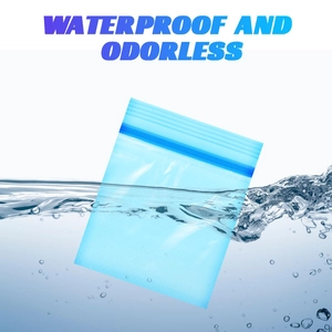 Macro shot of blue translucent resealable bag in water showing waterproof and odorless features
