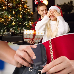 Close-up of portable jewelry box being placed in a bag during a Christmas gift scene