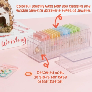 Clear acrylic jewelry organizer with 20 slots and macaron color PVC sealing bags