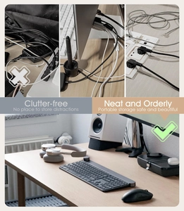 Comparison showing a desk cable organizer box transforming clutter into a neat desktop