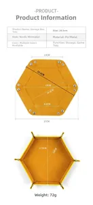 Detailed size chart for the yellow hexagonal PU leather folding dice tray and storage box