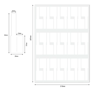 Detailed dimension layout for A4 size cable labels showing precise 297mm x 210mm sheet specs