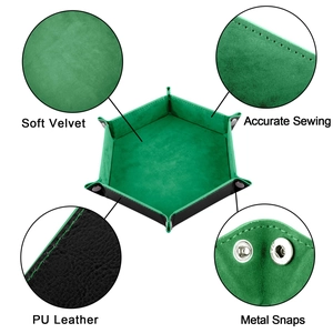 Hexagonal green velvet and black PU leather foldable dice tray with metal snaps