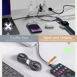 Black woven USB-C data cable with silicone organizer showing a clutter-free desk comparison