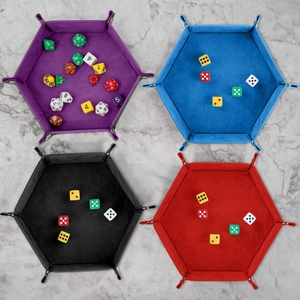 Collapsible hexagonal dice trays in four colors with faux suede lining and snap buttons