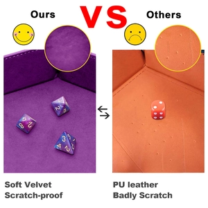 Comparison showing scratch-proof soft velvet dice tray versus standard PU leather