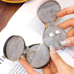 Portable leather mini jewelry case for rings and earrings with gold zipper