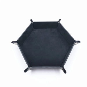 Top view of a hexagonal foldable PU leather dice tray with soft velvet lining and metal snaps