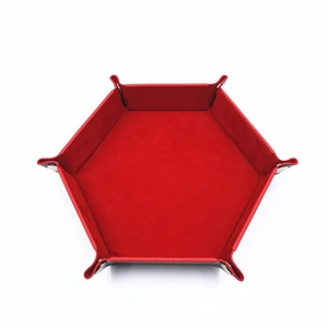 Macro view of the red velvet interior and black PU leather hex dice tray with metal snaps
