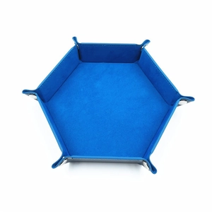 Detail of blue hexagonal PU leather dice tray with soft velvet interior and metal snaps