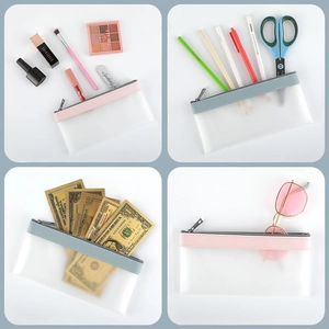 Frosted PVC pencil case set with transparent zipper and colorful faux leather trim