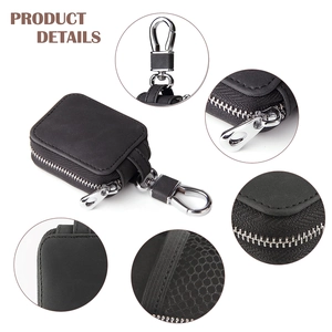 Black leather earphone storage case with silver zipper and swivel hook detail